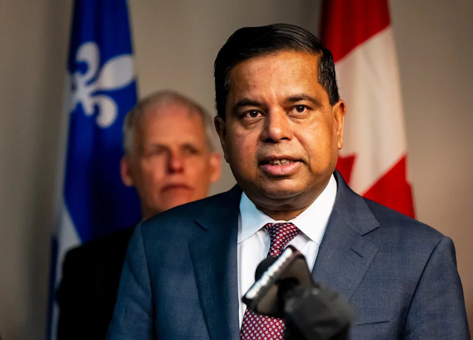 Minister of Public Safety, Gary Anandasangaree, alongside Jacques Ramsay, Parliamentary Secretary to the Minister of Public Safety, left, makes a press announcement, in Montreal last Monday.