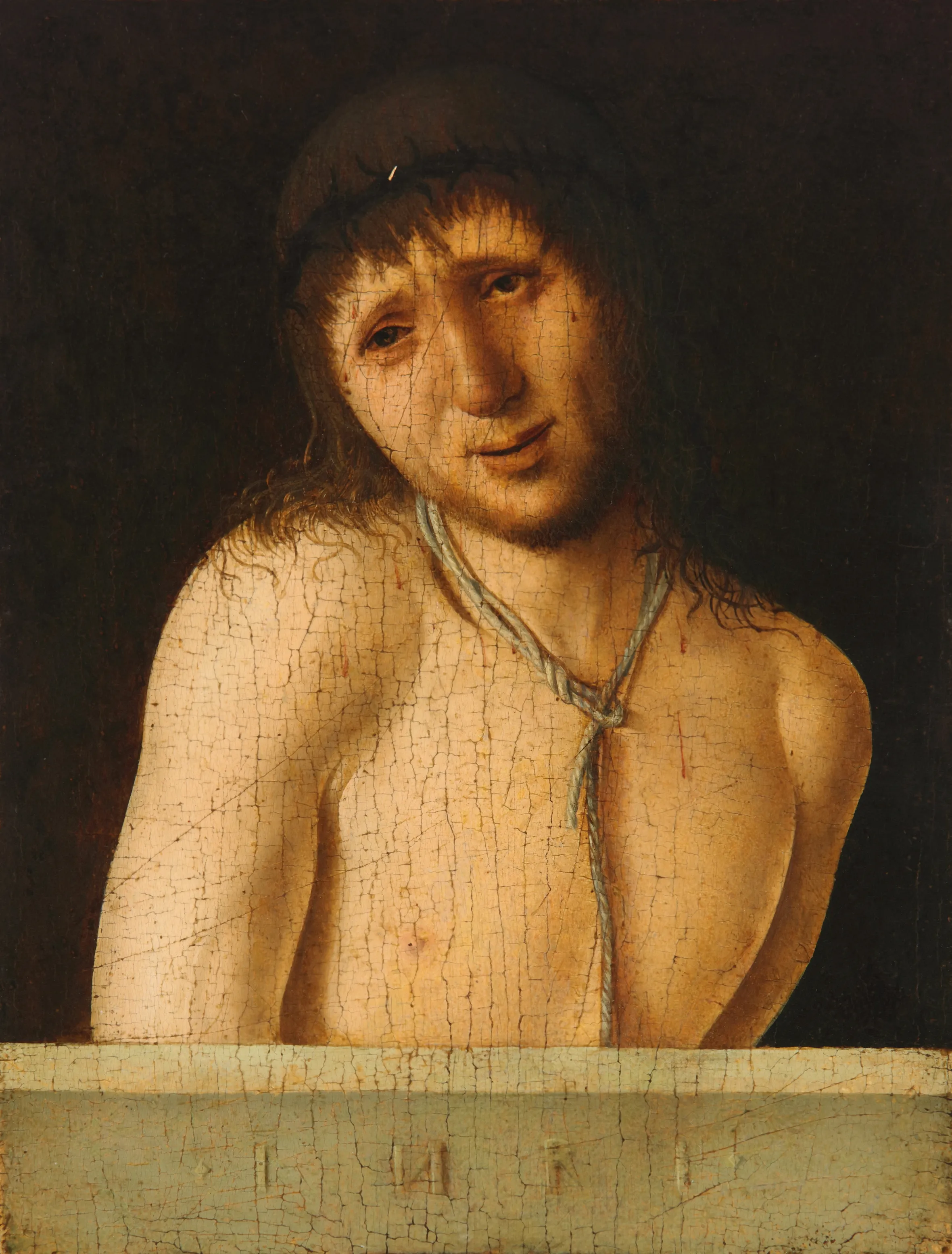 Painting of a man with long hair, a rope around his neck, and a pained expression, behind a light green ledge.