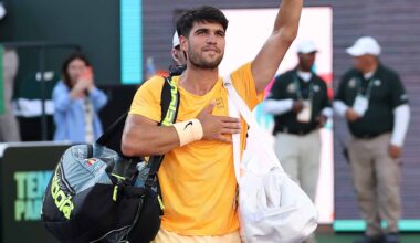 Carlos Alcaraz waves to the Indian Wells crowd on Saturday after suffering his first loss of the season.