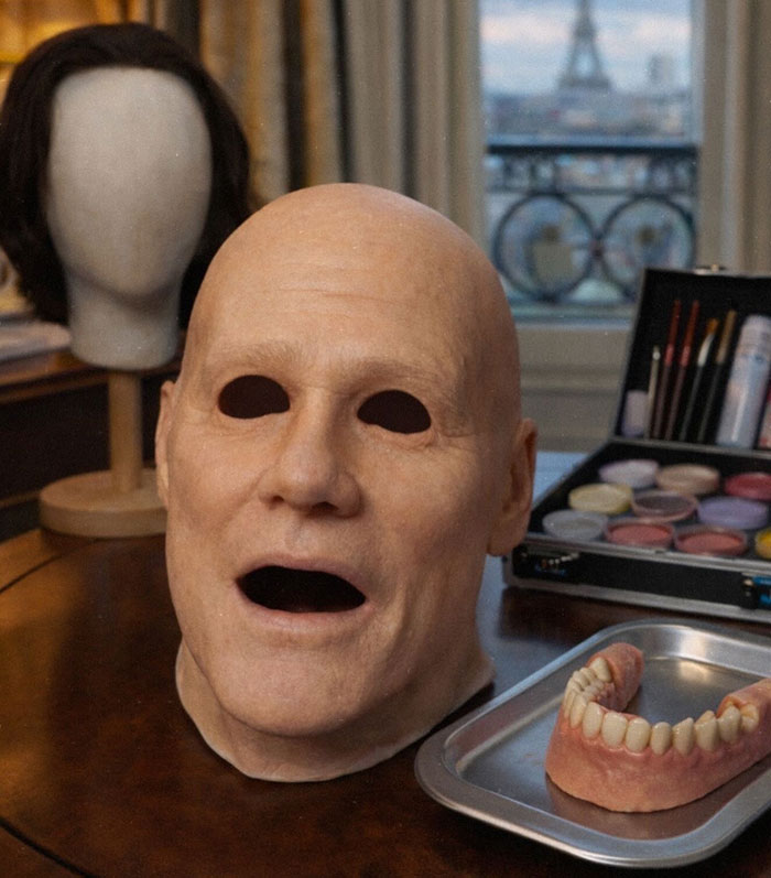 Realistic Jim Carrey mask with hollow eyes on table near dentures and makeup kit, highlighting drag queen disguise theories. Realistic Jim Carrey mask with hollow eyes on table near dentures and makeup kit, highlighting drag queen disguise theories.