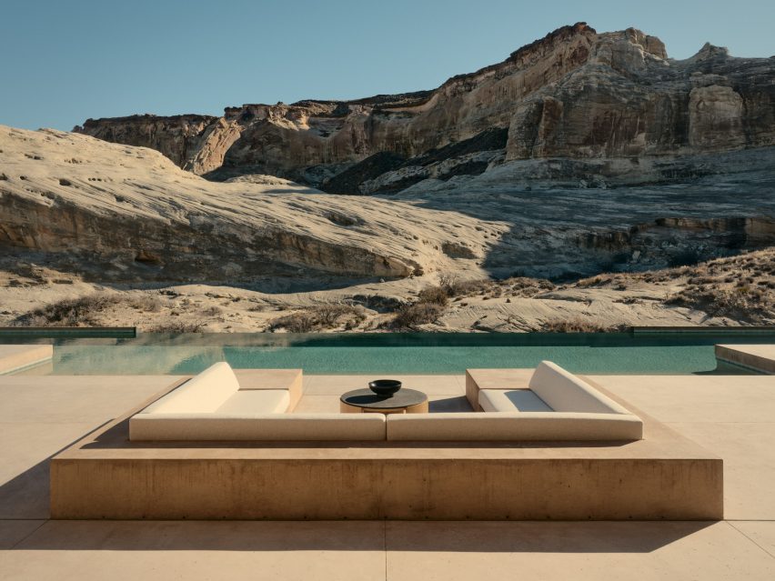 An outdoor terrace with a conversation pit and a 35-metre swimming pool