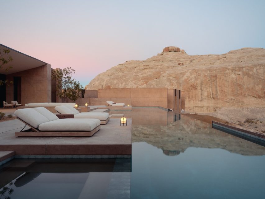 Outdoor pool terrace at sunset