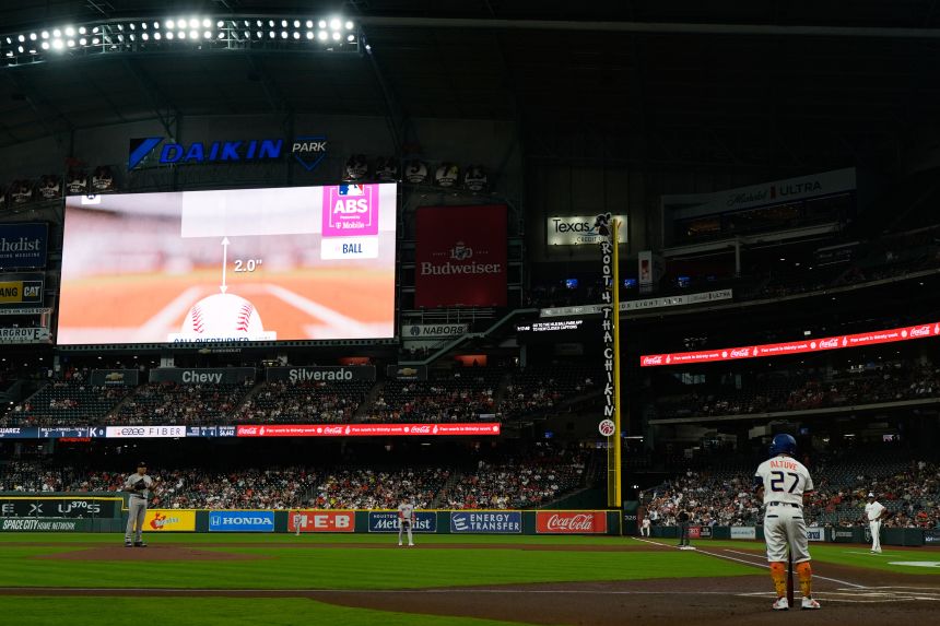 The Houston Astros' Jose Altuve watches an ABS challenge during a home game against Boston on Monday.