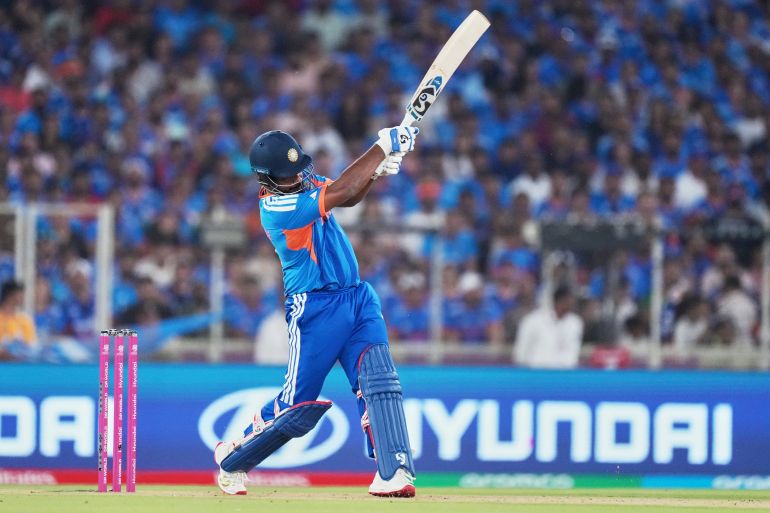 India's Sanju Samson plays a shot during the T20 World Cup cricket final match between India and New Zealand in Ahmedabad, India, Sunday, March 8, 2026. (AP Photo/Ajit Solanki)