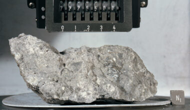 A gray, speckled rock sits on a metal plate. Above the rock is a sign showing the numerical label of the rock sample, 7225500.