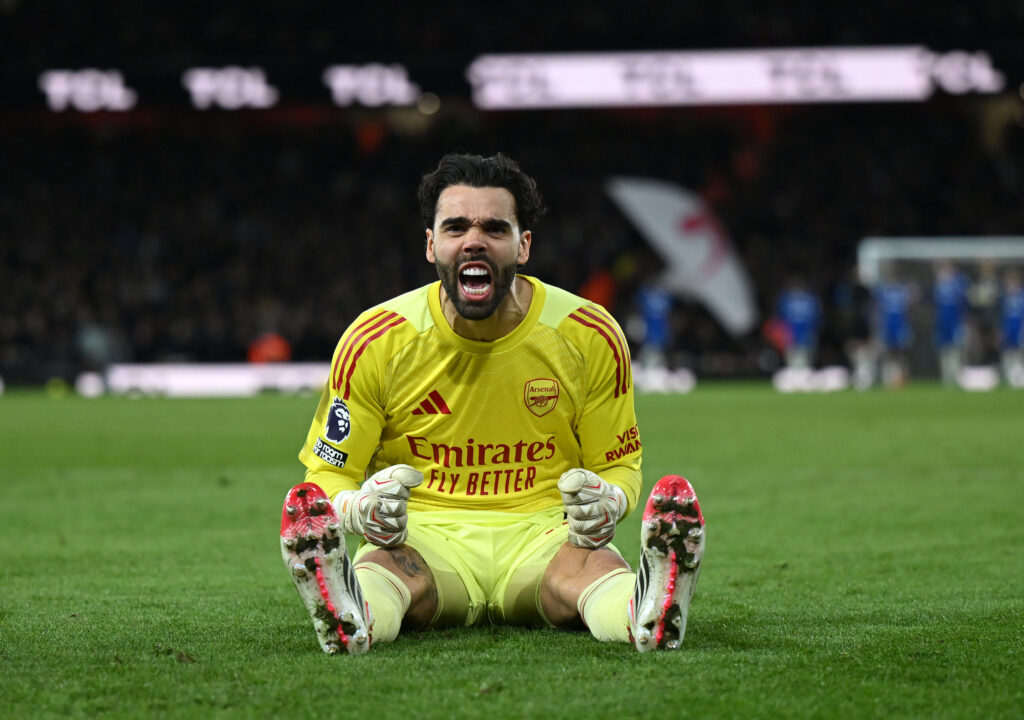 LONDON, ENGLAND - MARCH 01: David Raya of Arsenal celebrates during the Premier League match between Arsenal and Chelsea at Emirates Stadium on March 01, 2026 in London, England. (Photo by Shaun Botterill/Getty Images)