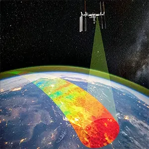 This artist’s conception depicts AWE scanning the atmosphere from aboard the International Space Station. AWE will measure variations in infrared airglow to track atmospheric gravity waves as they move up from the lower atmosphere into space. Credit: Utah State University Space Dynamics Laboratory