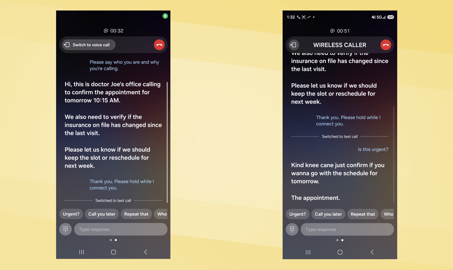 Galaxy S26 Ultra vs Pixel 10 Pro XL Call Screen screenshots.