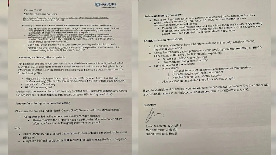 Grand Erie Public Health sent two letters to former patients of Dr. George Chan Dentistry, one addressed to patients and one addressed to healthcare providers.