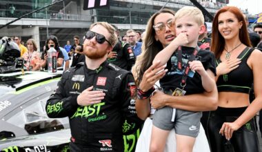 Alexa Reddick holding Rookie after Tyler Reddick's Daytona win