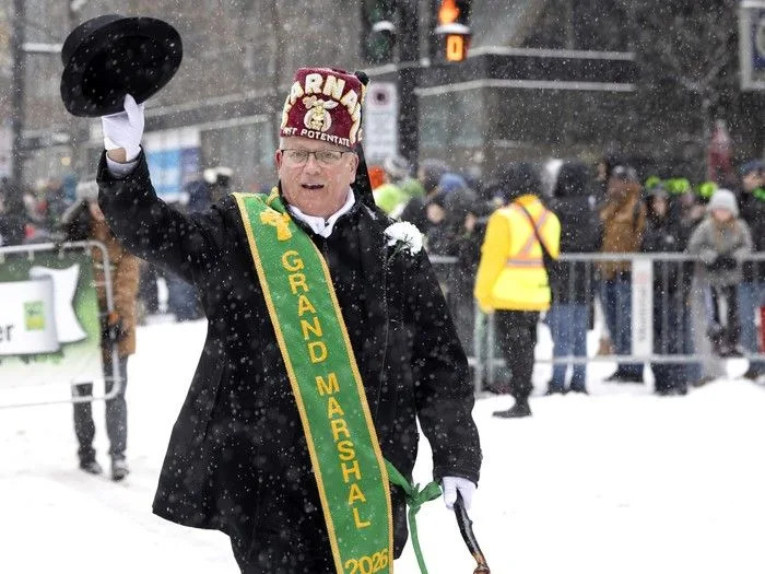  Grand marshal Gary McKeown marches in the St. Patrick’s Parade in Montreal on Sunday, March 22, 2026.