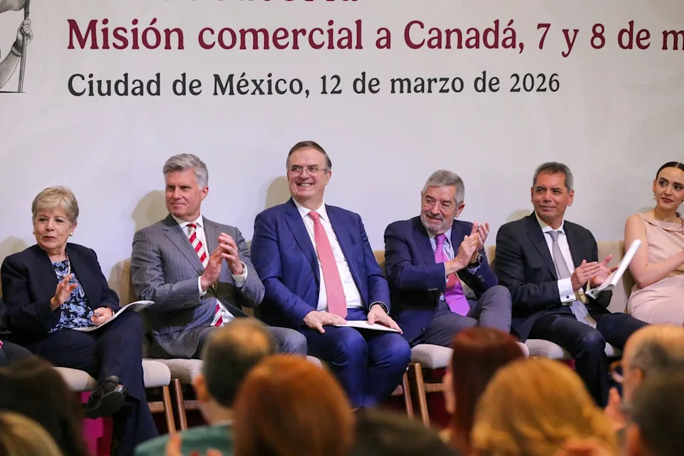 Canada's ambassador to Mexico Cameron MacKay (left), sits next to Secretary of the Economy Marcelo Ebrard (centre) and Mexico’s Foreign Affairs Secretary Juan Ramón de la Fuente (right) during an event March 12, 2026, announcing a Mexican trade mission to Canada.