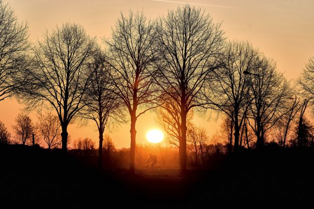 A man rides his bike through an alley in the outskirts of Frankfurt, Germany, as the sun rises on Friday, April 4, 2025. THE CANADIAN PRESS/AP, Michael Probst