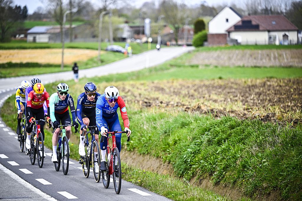 Canadian Nickolas Zukowsky of Pinarello Q36.5 Pro Cycling Team and French Bastien Tronchon of Groupama&amp;FDJ United pictured in action during the 'E3 Saxo Bank Classic' one day cycling race, 208,8km from and to Harelbeke, on Friday 27 March 2026. BELGA PHOTO JASPER JACOBS (Photo by JASPER JACOBS / BELGA MAG / Belga via AFP)