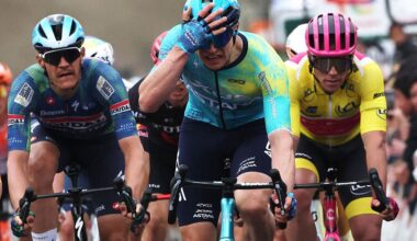 XDS Astana Team's German rider Max Kanter (C) celebrates as he crosses the finish line to win the 2nd stage of the Paris-Nice cycling race, 187 km between &amp;Eacute;p&amp;ocirc;ne and Montargis, on March 9, 2026. (Photo by Anne-Christine POUJOULAT / AFP)