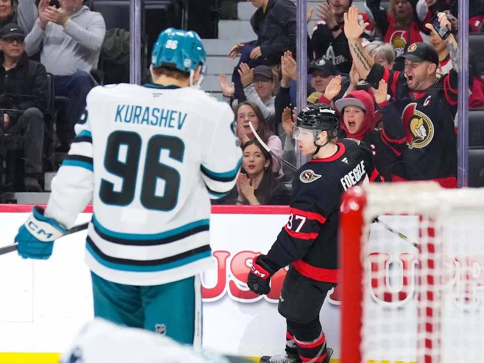  Fans cheer as Warren Foegele of the Ottawa Senators celebrates his goal in the second period against the San Jose Sharks at Canadian Tire Centre on March 15, 2026.