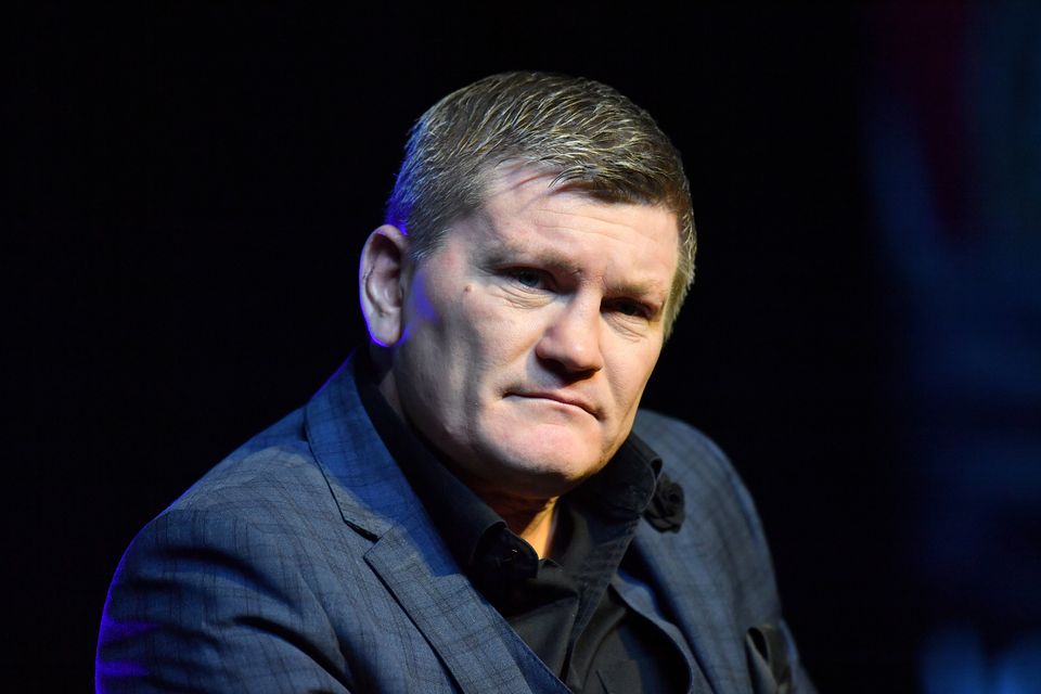 Promoter Ricky Hatton is interviewed during the weigh in at Manchester Central.