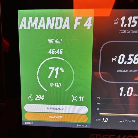 Fitness tracker screen displaying workout metrics.