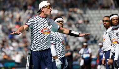 Founders FFC's Tom Brady reacts to a call made by the referee against the U.S. National Flag team during the Fanatics Flag Football Classic, Saturday, March 21, 2026, in Los Angeles.