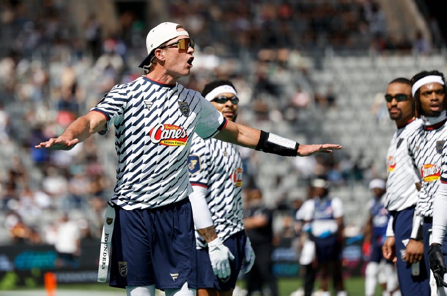 Founders FFC's Tom Brady reacts to a call made by the referee against the U.S. National Flag team during the Fanatics Flag Football Classic, Saturday, March 21, 2026, in Los Angeles.