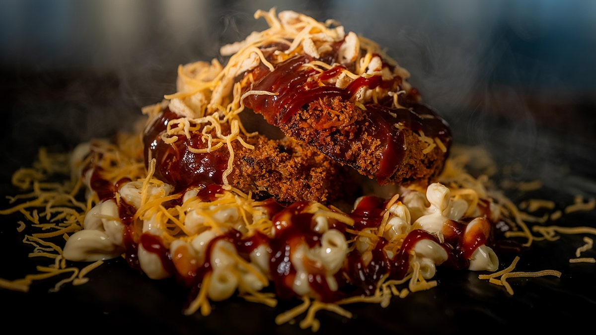 fried brisket with barbecue sauce and mac and cheese
