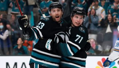 Celebrini surpasses 100 points, Sharks defeat Blues on late goal
