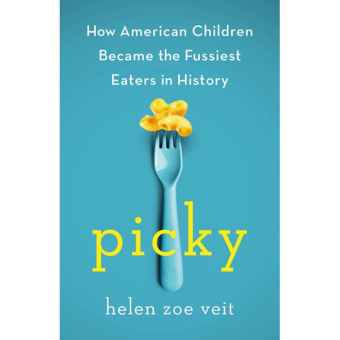 The cover of the book Picky which shows a blue plastic fork with three pieces of macaroni stuck on top.