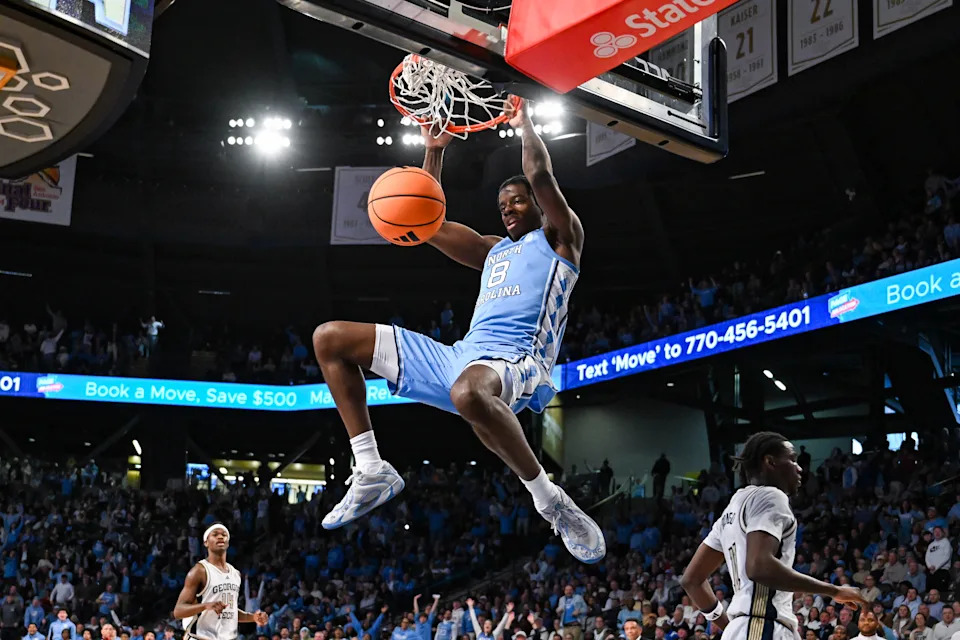 ATLANTA, GA - JANUARY 31: North Carolina forward Caleb Wilson (8) dunks during the college basketball game between the North Carolina Tar Heels and the Georgia Tech Yellow Jackets on January 31st, 2026 at Hank McCamish Pavilion in Atlanta, GA.  (Photo by Rich von Biberstein/Icon Sportswire via Getty Images)