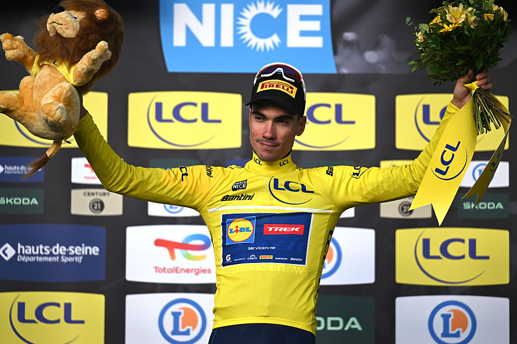 POUILLY-SUR-LOIRE, FRANCE - MARCH 10: Juan Ayuso of Spain and Team Lidl - Trek celebrates at podium as Yellow Leader Jersey winner during the 84th Paris-Nice 2026, Stage 3 a 23.5km team time trial stage from Cosne-Cours-sur-Loire to Pouilly-sur-Loire / #UCIWT / on March 10, 2026 in Pouilly-sur-Loire, France. (Photo by Szymon Gruchalski/Getty Images)