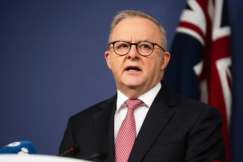 Sarah Wilson/AAP Image via AP - PHOTO: Australian Prime Minister Anthony Albanese addresses the media in Sydney, March 1, 2026.