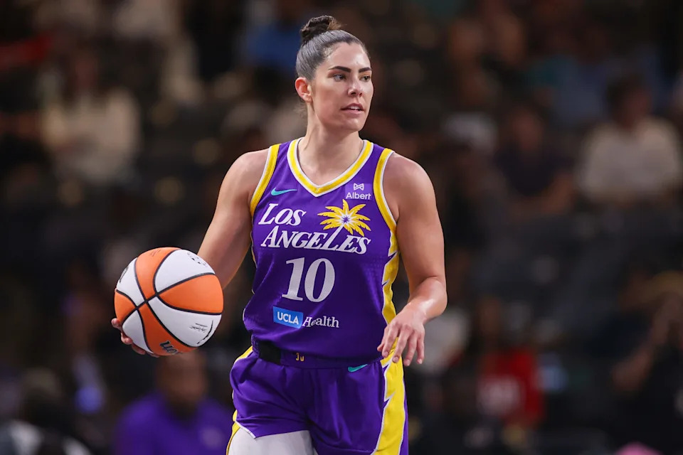 Los Angeles Sparks guard Kelsey Plum (10) dribbles against the Atlanta Dream in the first quarter at Gateway Center Arena at College Park in September 2025.