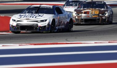 Ross Chastain, driver of the #1 Busch Light Chevrolet, and Kyle Busch, driver of the #8 Rebel Root Beer Whiskey Chevrolet, race during the NASCAR Cup Series DuraMax Grand Prix Powered by RelaDyne at Circuit of The Americas on March 01, 2026 in Austin, Texas. (Photo by Logan Riely/Getty Images)