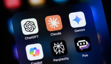 Popular AI virtual assistant apps on an Apple iPhone: ChatGPT, Claude, Gemini, Copilot, Perplexity, and Poe.