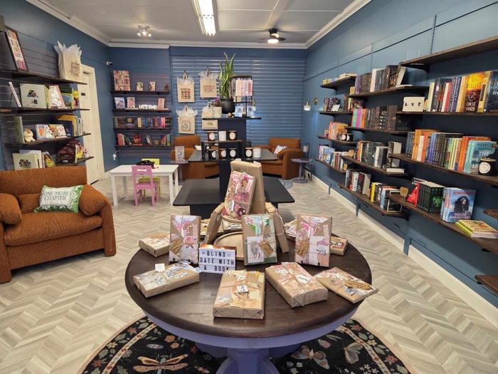 bookstore with blue walls, dark bookshelves and large brown armchairs