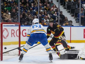 St. Louis Blues' Dylan Holloway puts the puck into the net behind Vancouver Canucks goalie Kevin Lankinen before the goal was called back upon review for being played with a high stick.