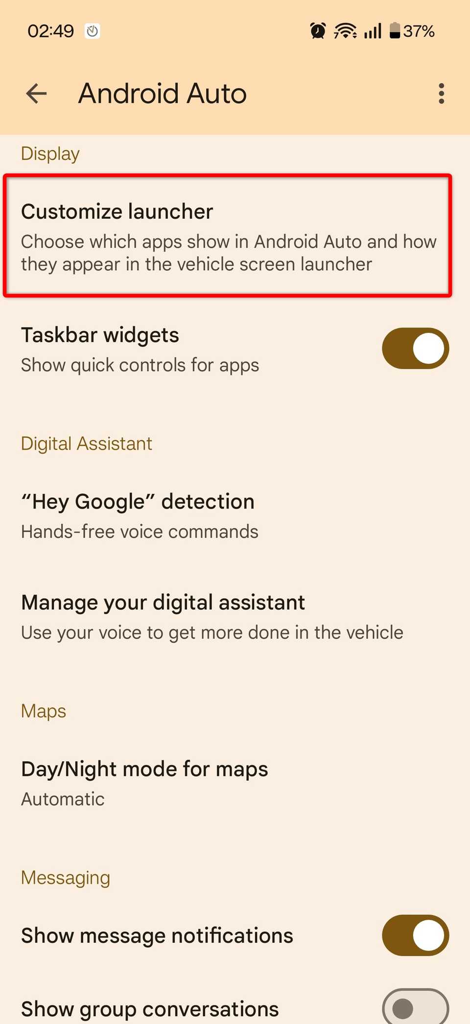 The "Customize launcher" option in Android Auto.