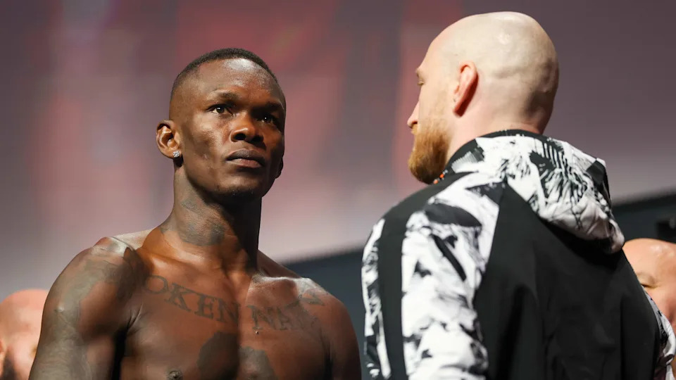 SEATTLE, WASHINGTON - MARCH 27: UFC middleweight fighters Israel Adesanya (L) and Joe Pyfer face each other onstage during UFC Fight Night: Adesanya v Pyfer ceremonial Weigh-in at Climate Pledge Arena on March 27, 2026 in Seattle, Washington. (Photo by Mat Hayward/Getty Images)