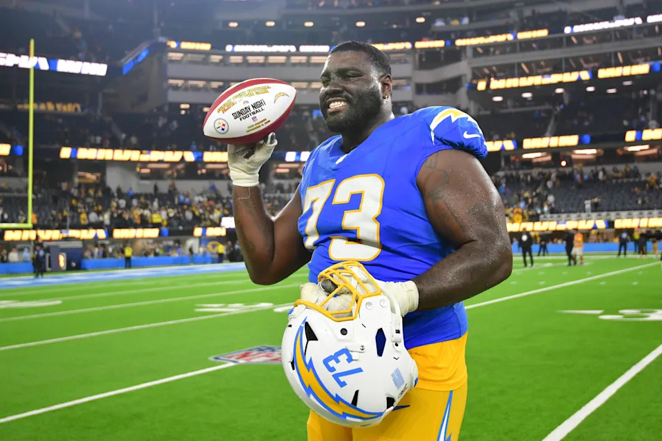 Nov 9, 2025; Inglewood, California, USA; Los Angeles Chargers guard Mekhi Becton (73) reacts after the game against the Pittsburgh Steelers at SoFi Stadium. Mandatory Credit: Gary A. Vasquez-Imagn Images