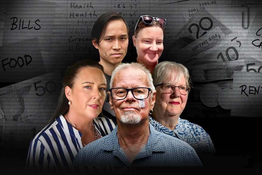The headshots of three women and two men collated together in a group on a black-and-white backdrop of money and sticky notes.
