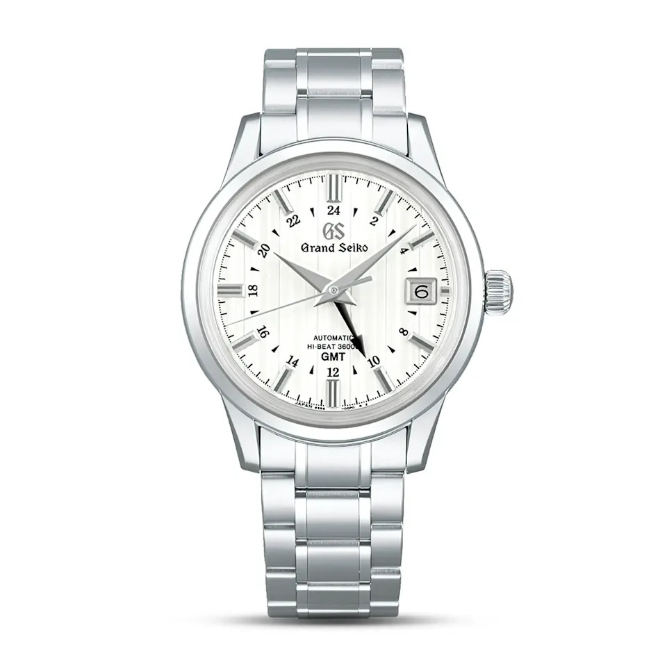 luxury automatic grand seiko gmt watch with silver bracelet and white dial