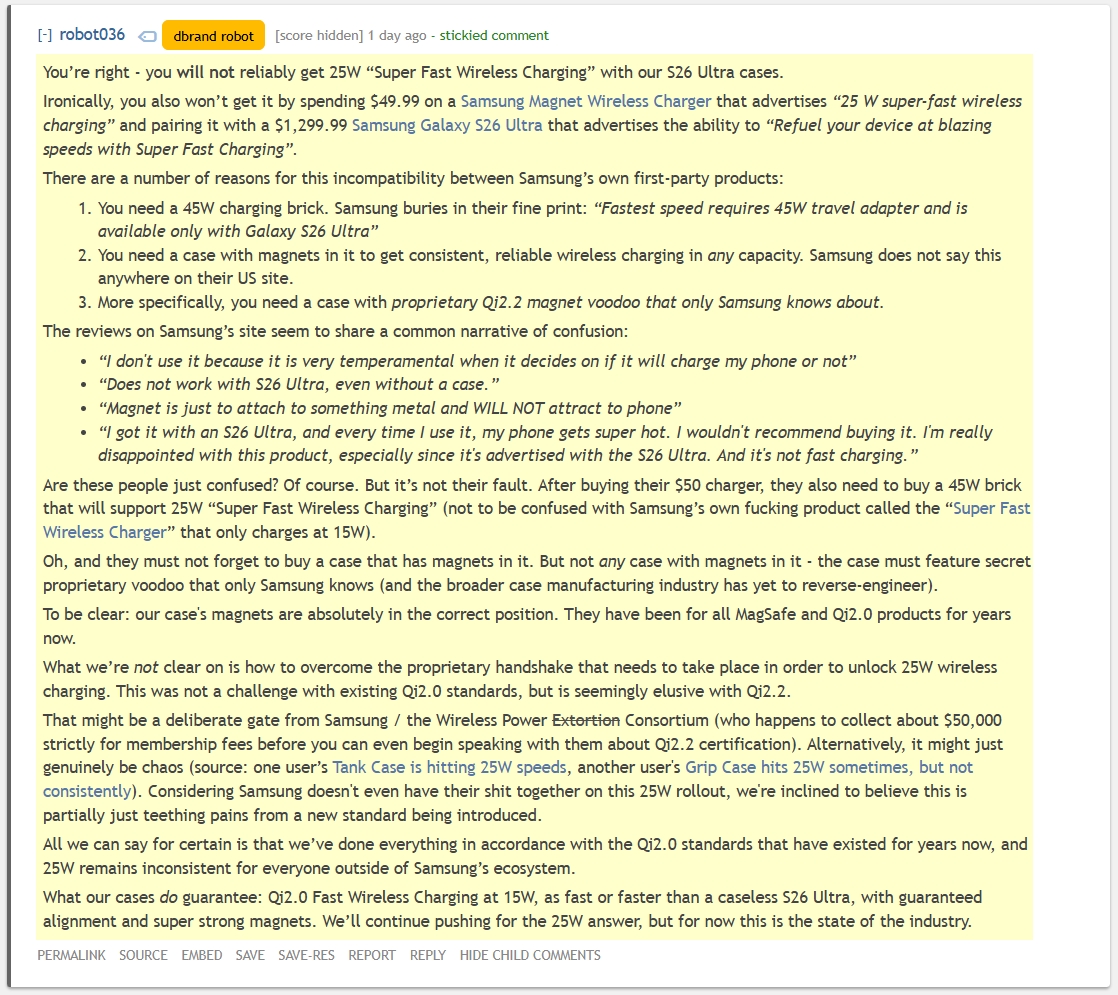 dbrand on Samsung's first party cases not supporting 25W wireless charging on the Galaxy S26 Ultra (2) dbrand on Samsung's first party cases not supporting 25W wireless charging on the Galaxy S26 Ultra (2)