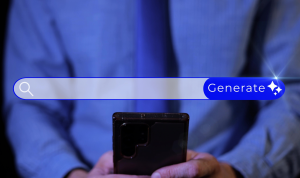 Illustration showing the torso of a person in a shirt and tie, holding a cellphone, with a graphic overlaid showing a text prompt to generate an AI image.