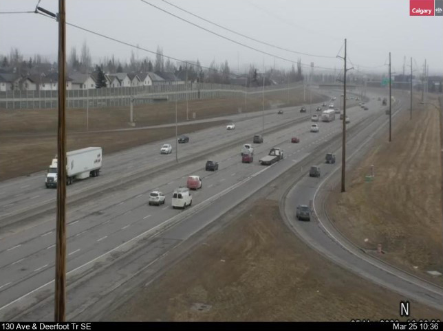 This photo taken from a City of Calgary traffic camera around 10:30 a.m. on Wednesday, shows roads no snow on Deerfoot Trail, near 130 Avenue southeast, in the deep south part of Calgary.