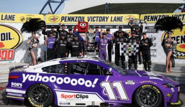 Denny Hamlin overcomes penalty, beats Chase Elliott to win Las Vegas Cup race
