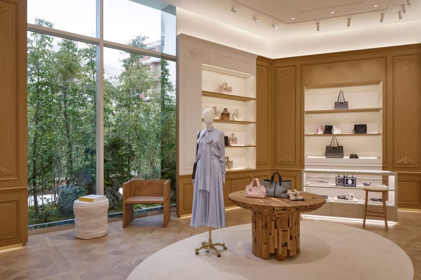 Interior of Dior Bamboo Pavilion with product shelves