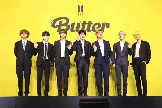 K-pop boy band BTS members pose at a press conference in Seoul in 2021. File Photo courtesy of HYBE