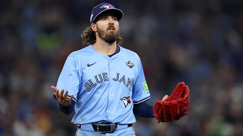 Kevin Gausman #34 of the Toronto Blue Jays reacts against the Los Angeles Dodgers in game six of the 2025 World Series at Rogers Center