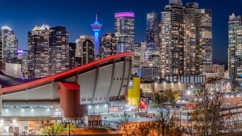 The buildings and lights of downtown Calgary.