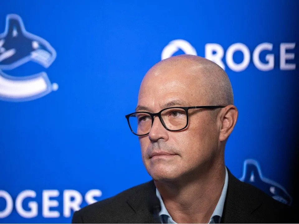 Vancouver Canucks general manager Patrik Allvin waits to speak during media day on Wednesday, Sept. 17, 2025.