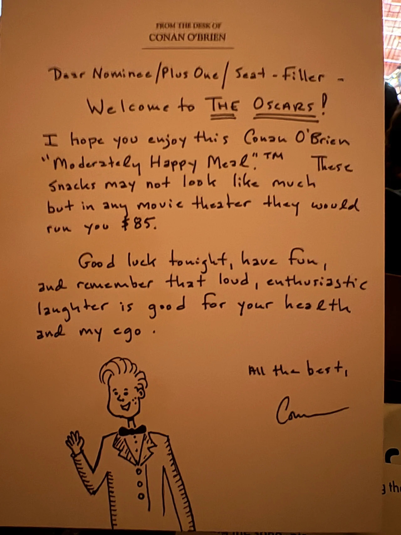 The note Conan O'Brien left guests under their seats at the Oscars.